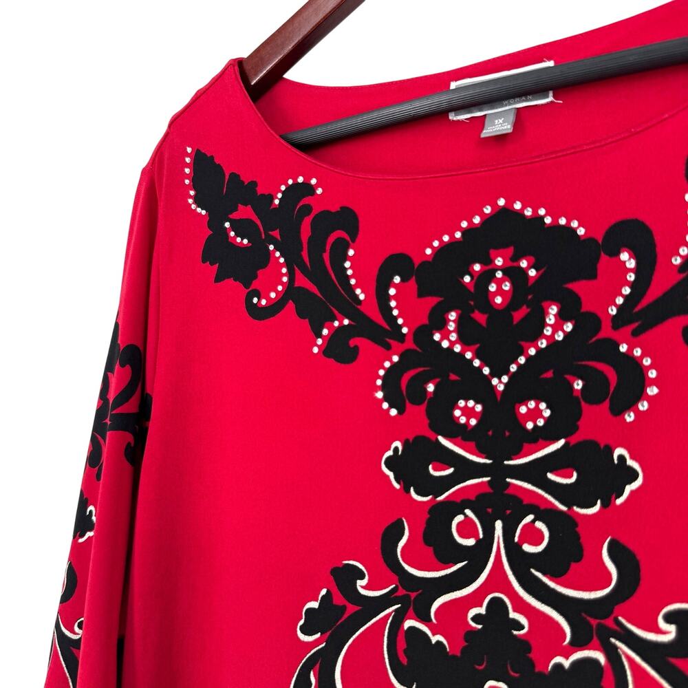 JM Collection Scarlet and Ebony Patterned Blouse - Picture 2 of 6